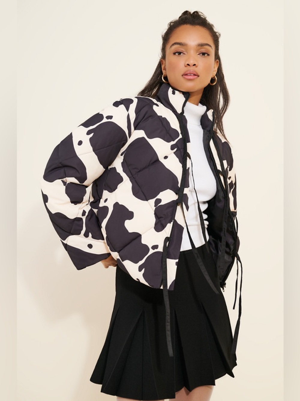 Lisa Says Gah Lady Puffer Jacket in Black and White Cow Print Size XL